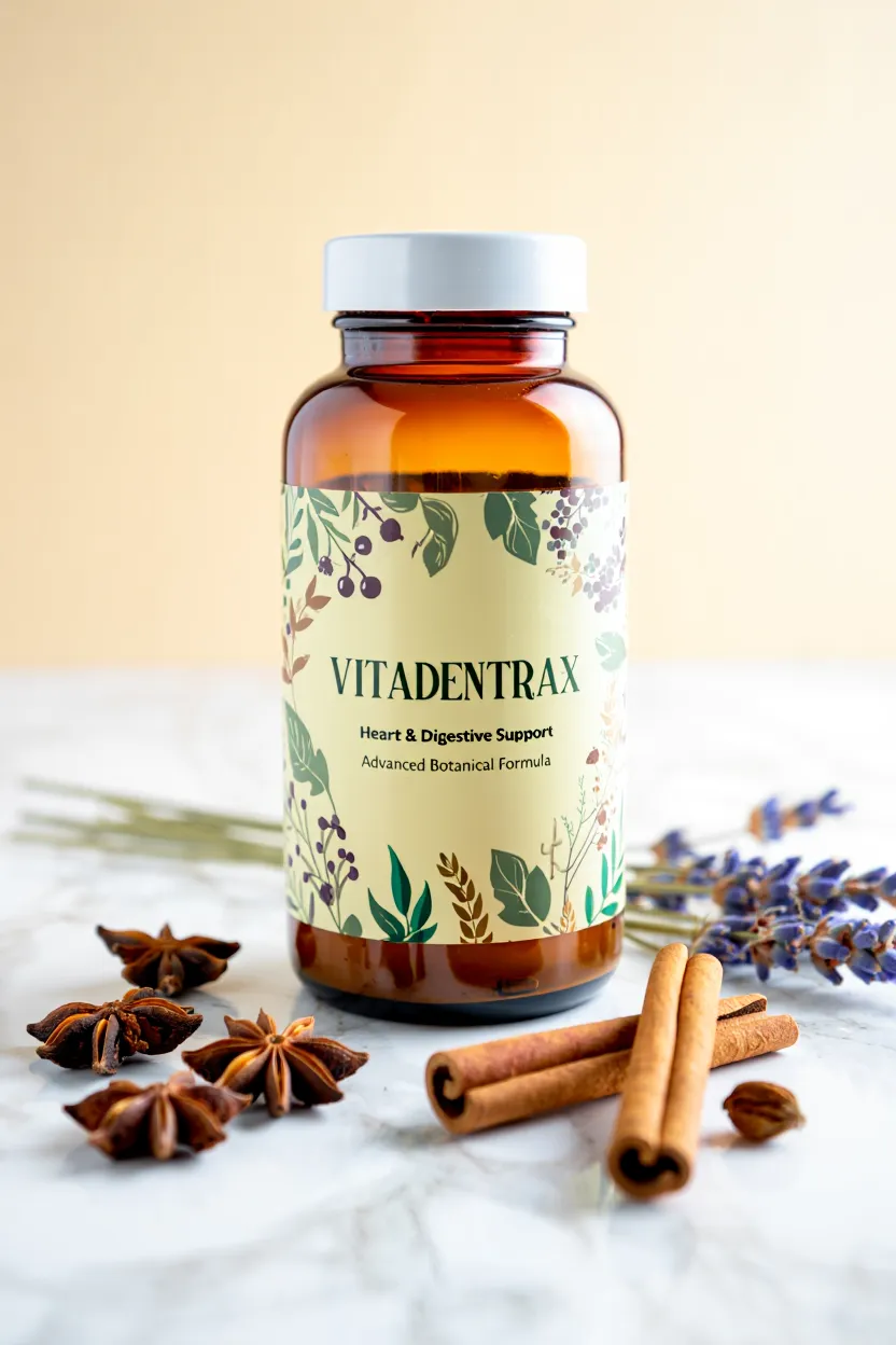 Vitadentrax dietary supplement bottle with botanical ingredients for general wellness and digestive comfort
